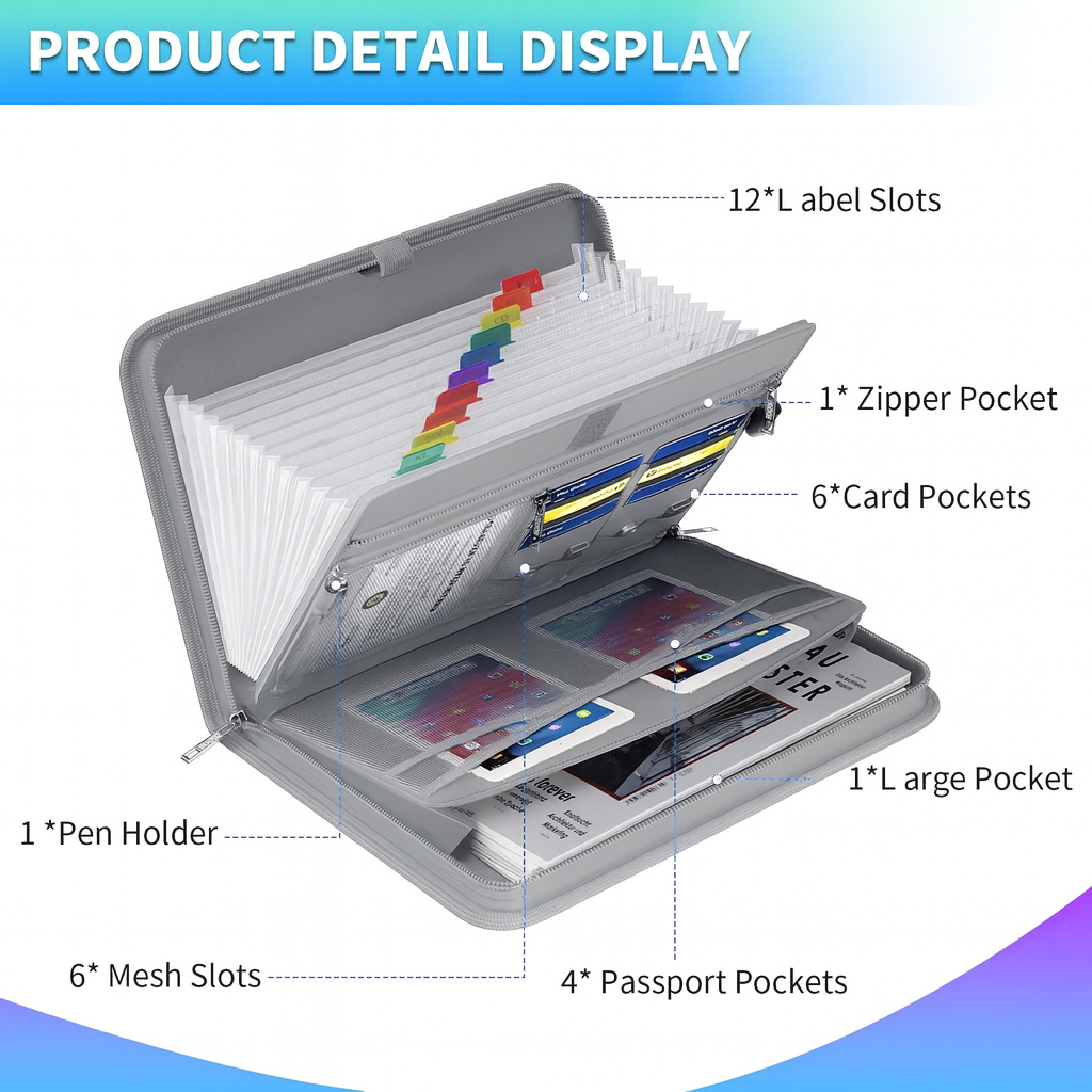 (Grey) BroadFDO Fireproof & Waterproof Accordion File Organizer, 13-Pocket Expanding Document Organizer with Handle & Labels, Durable Heat-Resistant Folder for A4/Letter Files, Safe Home Office Travel Hold