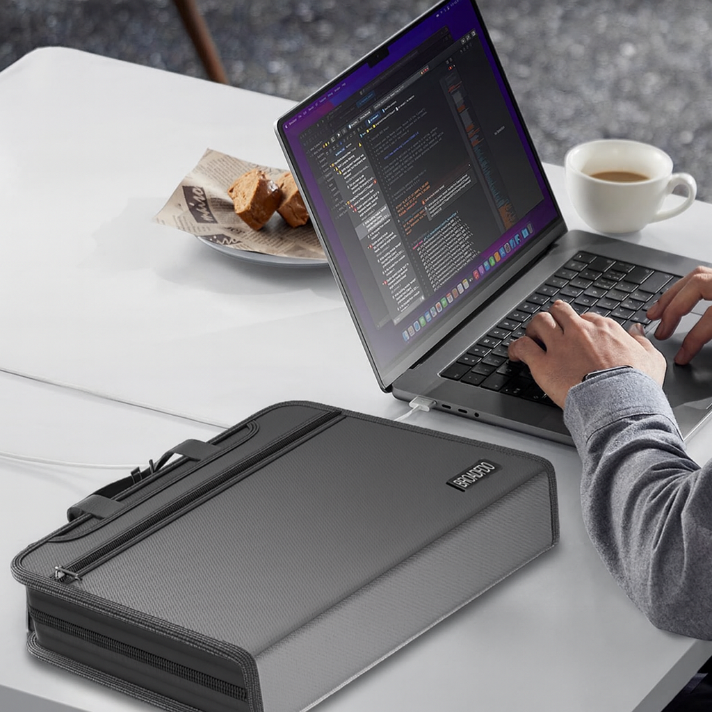 (Grey) BroadFDO Fireproof & Waterproof Accordion File Organizer, 13-Pocket Expanding Document Organizer with Handle & Labels, Durable Heat-Resistant Folder for A4/Letter Files, Safe Home Office Travel Hold