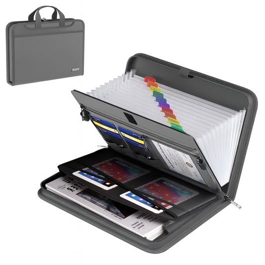 (Grey) BroadFDO Fireproof & Waterproof Accordion File Organizer, 13-Pocket Expanding Document Organizer with Handle & Labels, Durable Heat-Resistant Folder for A4/Letter Files, Safe Home Office Travel Hold