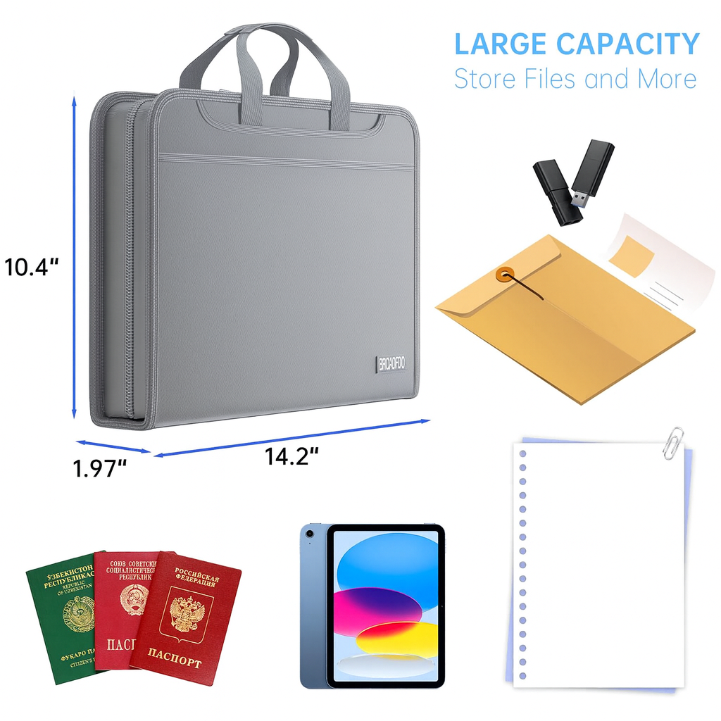 (Grey) BroadFDO Fireproof & Waterproof Accordion File Organizer, 13-Pocket Expanding Document Organizer with Handle & Labels, Durable Heat-Resistant Folder for A4/Letter Files, Safe Home Office Travel Hold